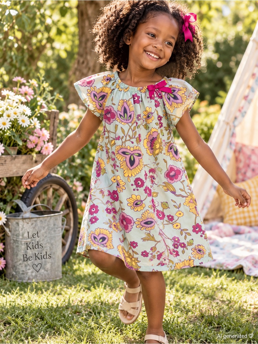 Hanna Andersson Lightweight Girls' Floral Flutter Sleeve Dress in Mint and Pink